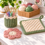 Three fast crochet projects including a jar cover, potholder, and flower mug rug
