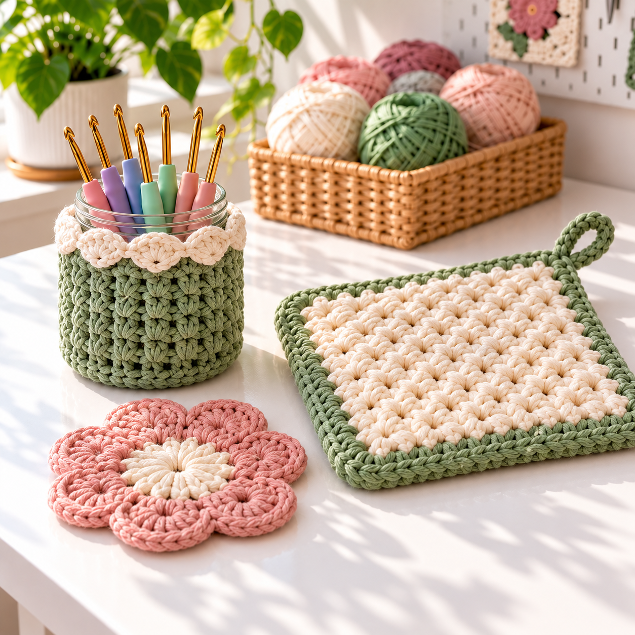 Three fast crochet projects including a jar cover, potholder, and flower mug rug