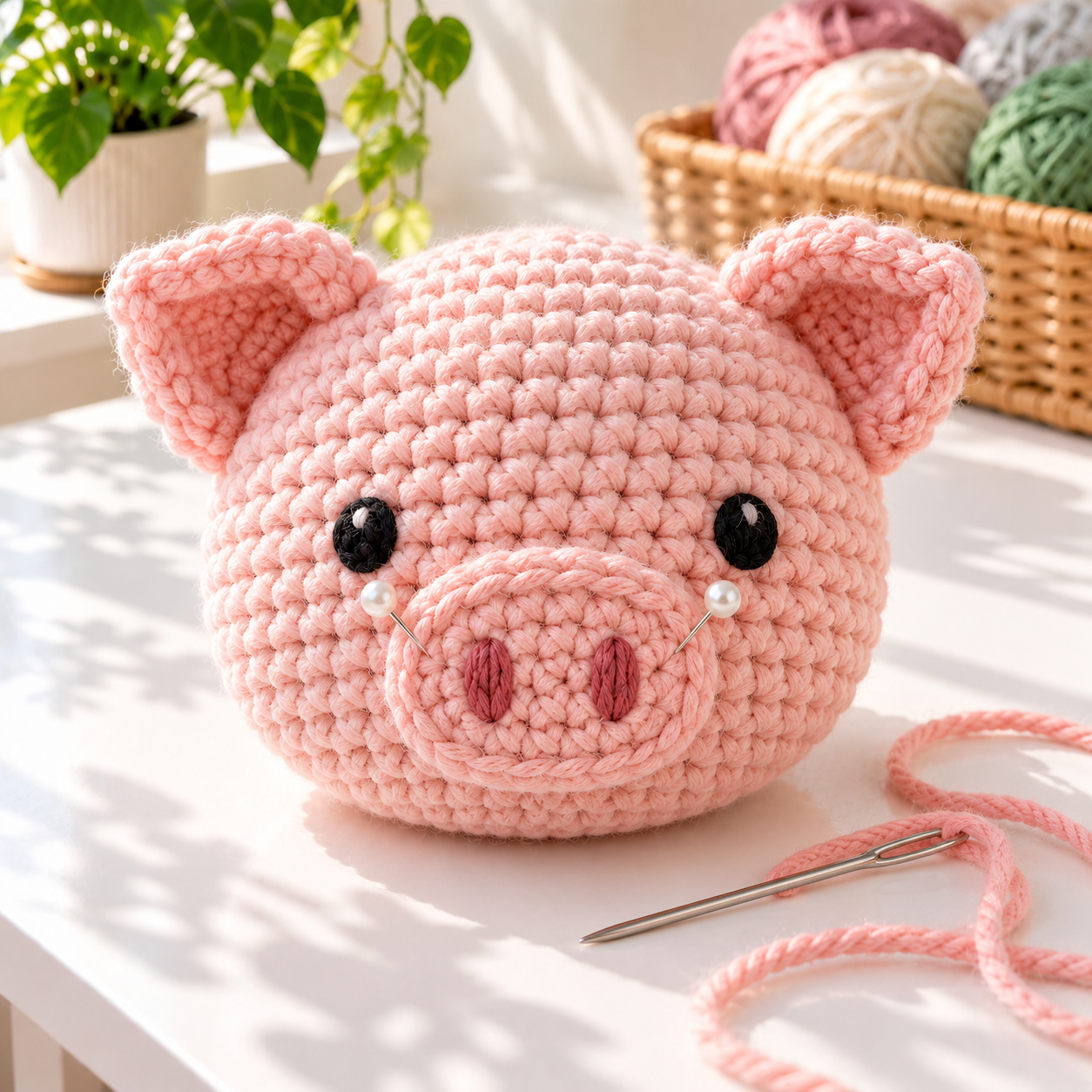 Close-up of a crochet pig face with pinned snout and embroidered features