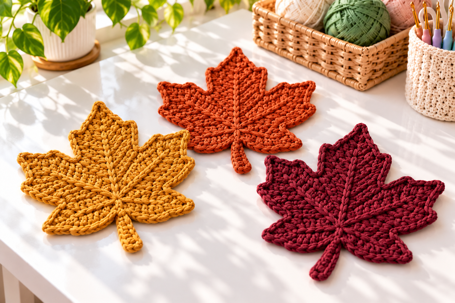 Three maple leaf crochet coasters in mustard orange and burgundy