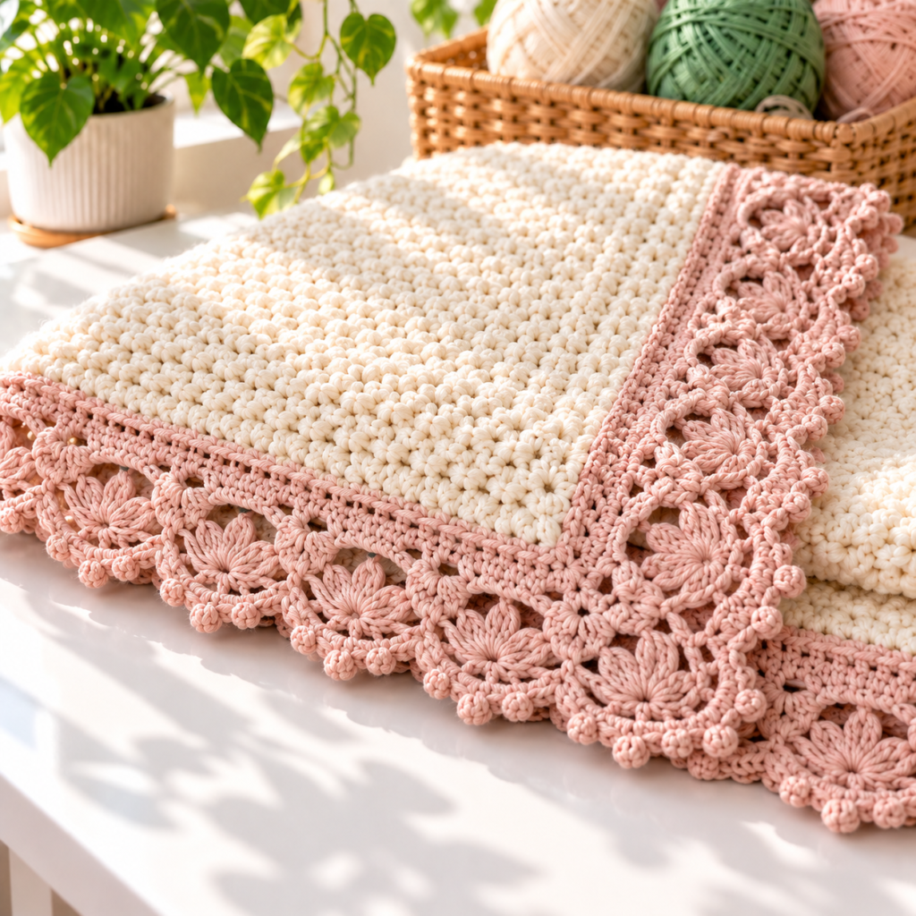 Ivory crochet baby blanket with a wide blush heirloom lace edging on a bright craft table