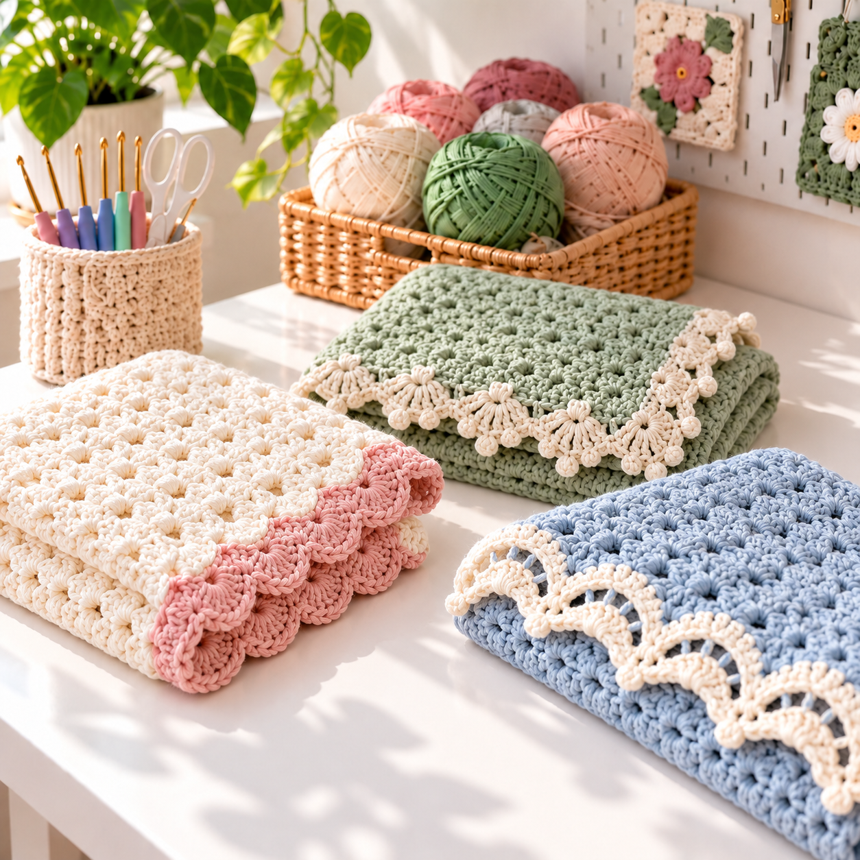 Ivory pink sage cream and powder blue crochet baby blankets with three different decorative edgings on a bright craft table