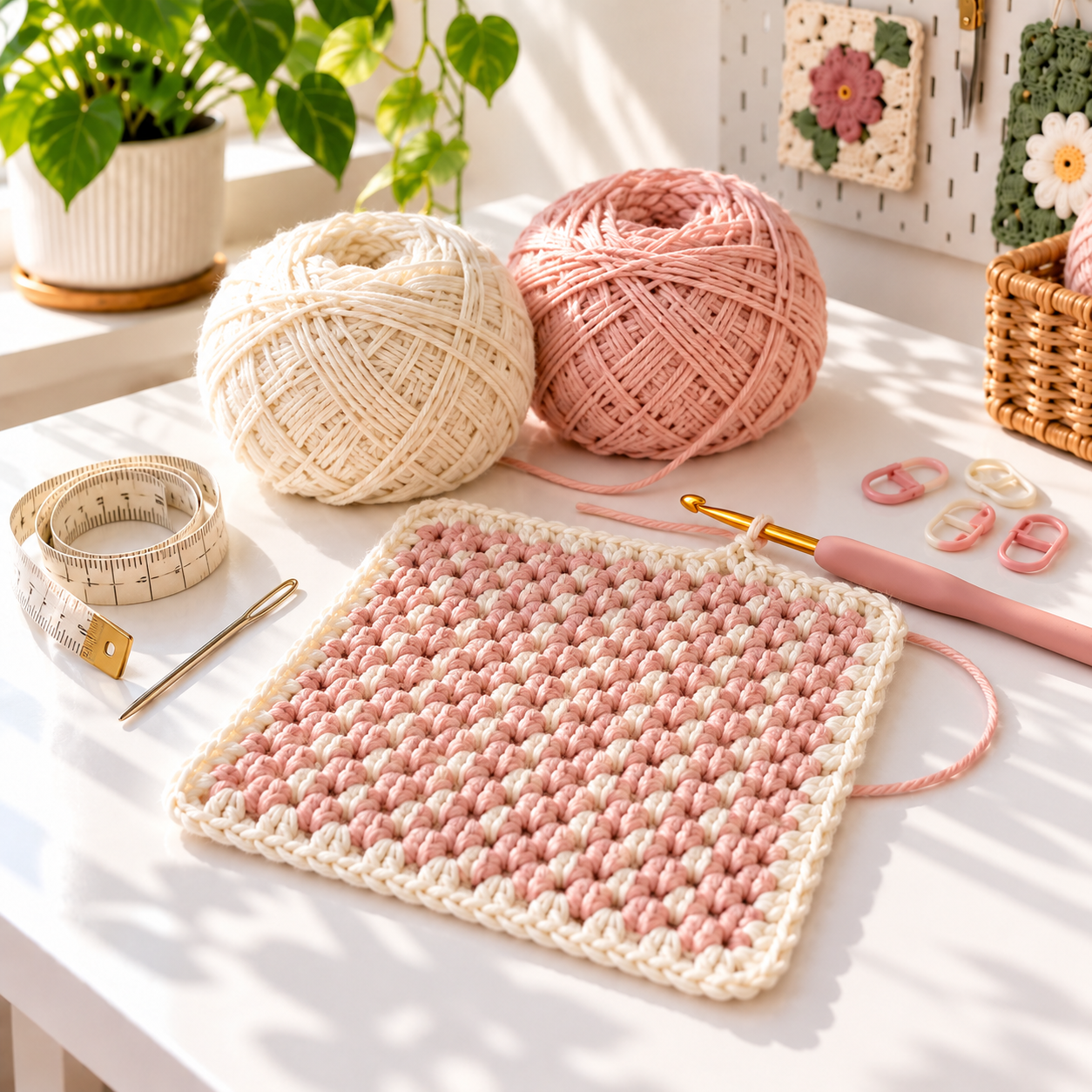 Ivory and blush yarn, crochet hook, tape measure, stitch markers, and a baby blanket swatch on a bright craft table