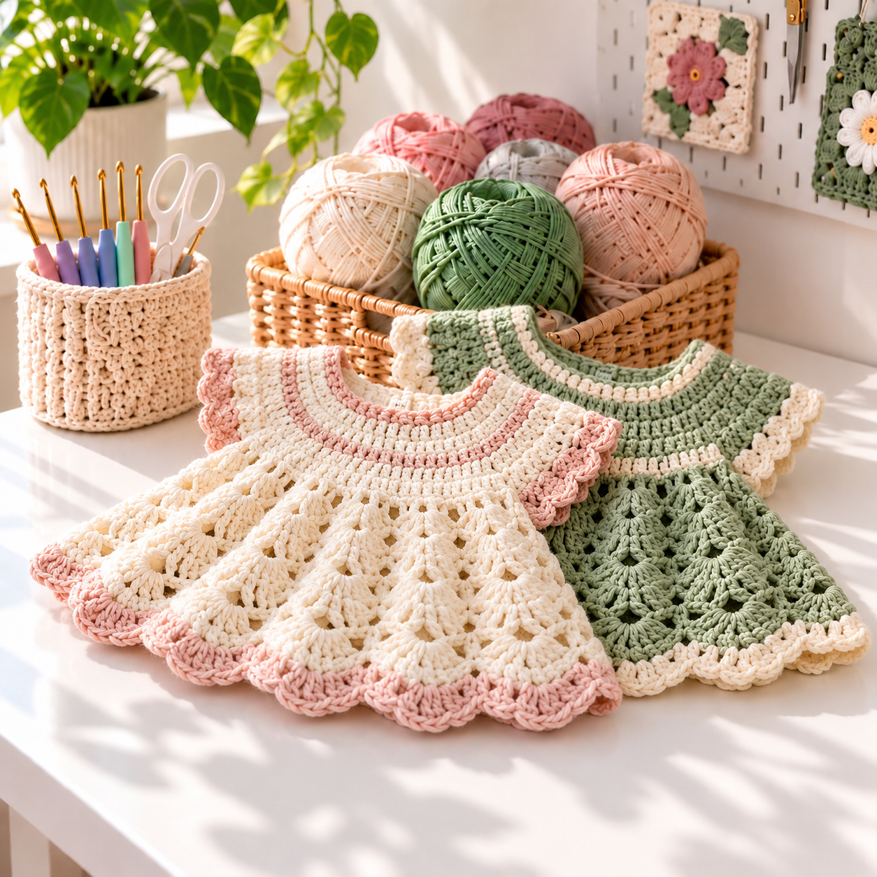 Ivory pink and sage cream crochet summer dresses for a baby arranged on a bright craft table