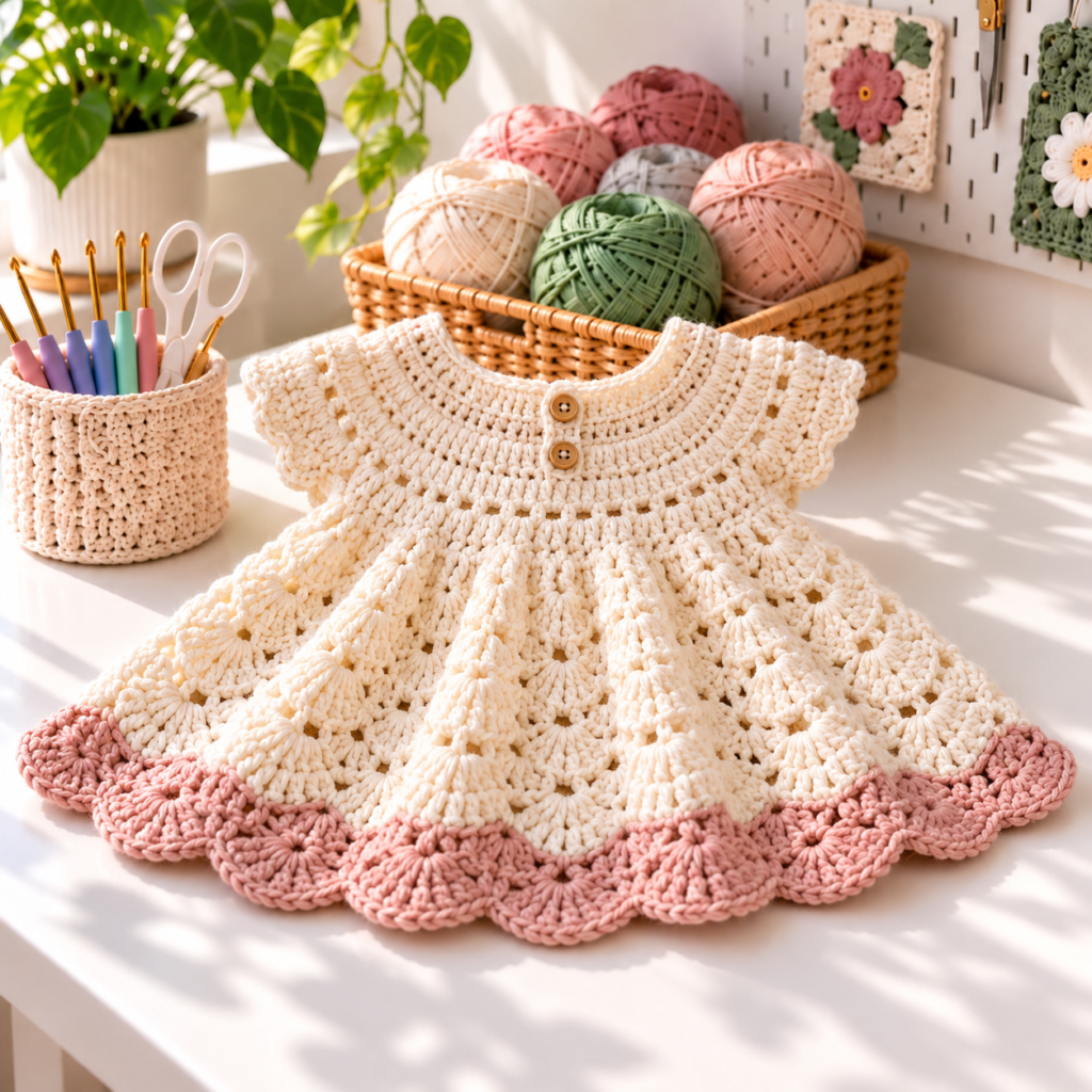 Ivory newborn crochet dress with blush scalloped hem on a bright craft table