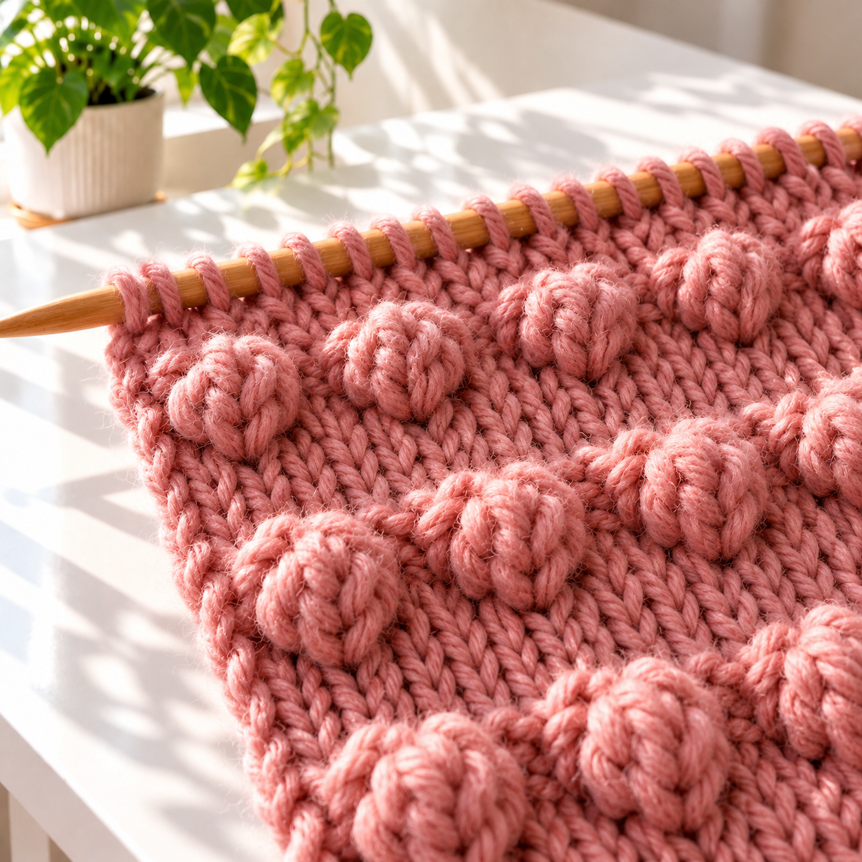 Macro view of raised dusty pink bubble knitting stitches with live stitches on a wooden needle