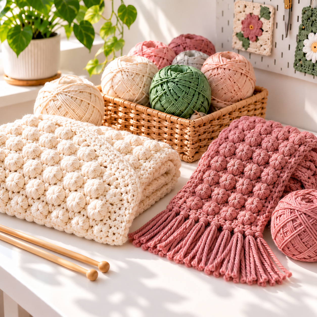 Cream knitted blanket and dusty pink scarf with raised bubble texture displayed on a bright craft table