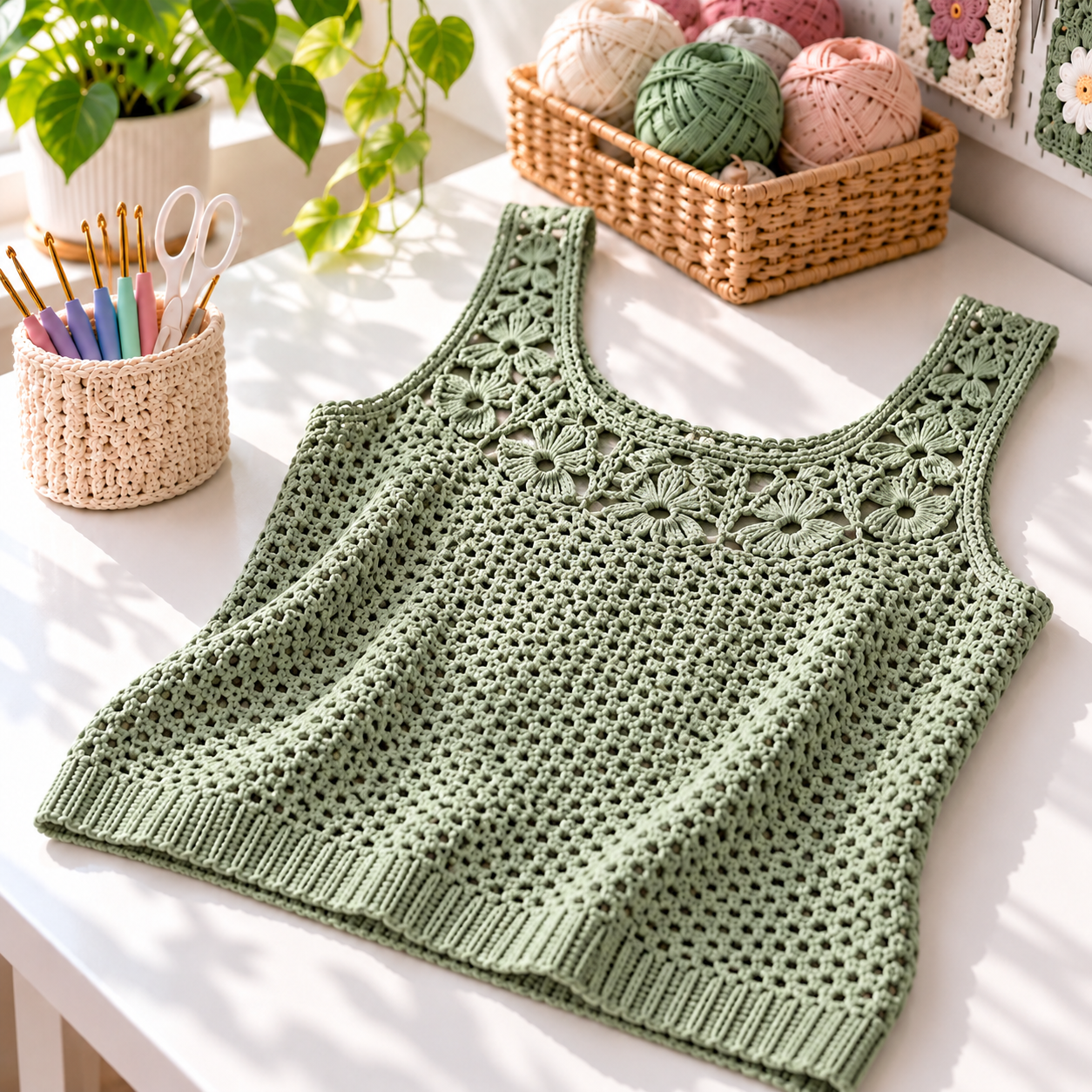 Sage green sleeveless crochet summer top with an open lace yoke and ribbed hem on a sunlit white craft table