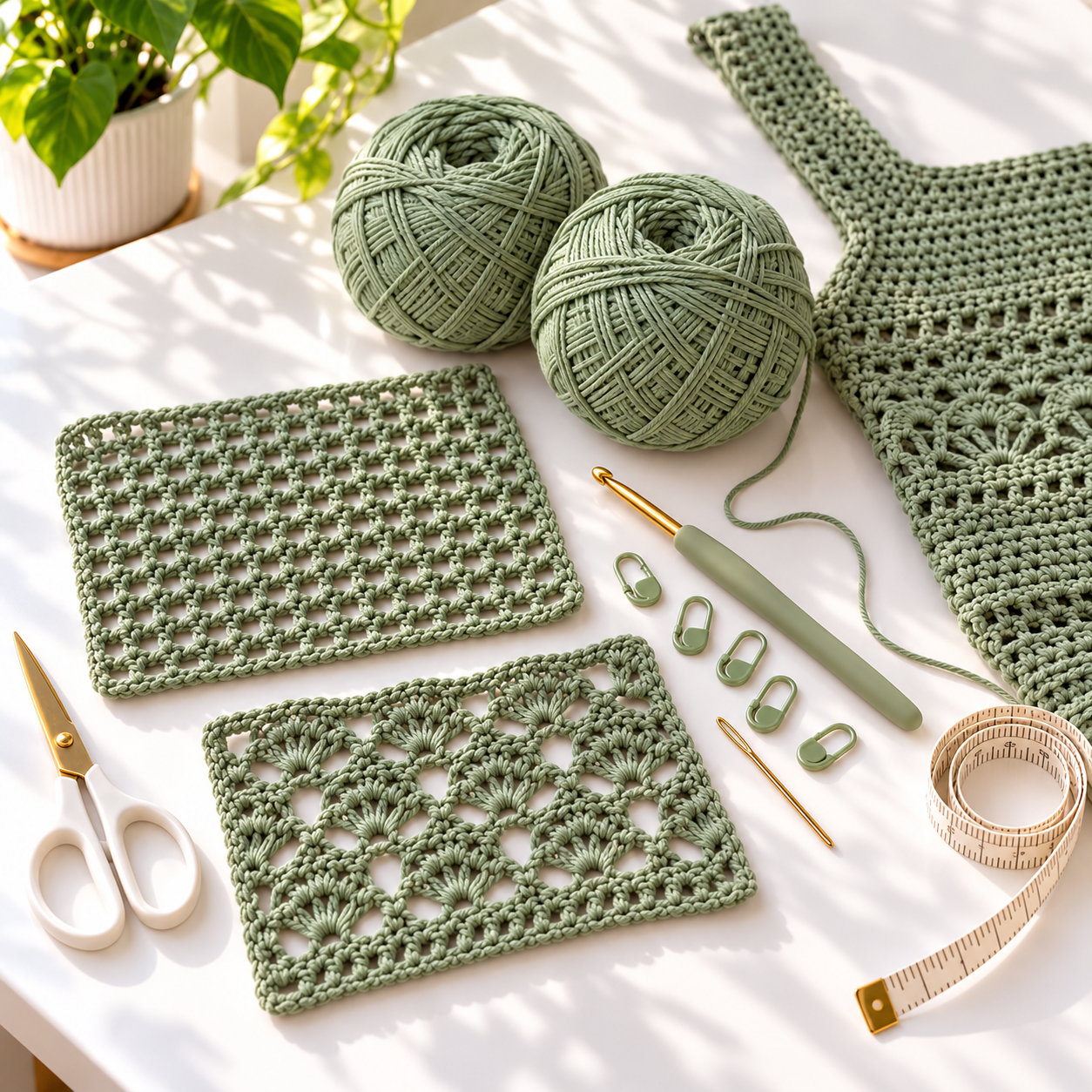 Sage cotton bamboo yarn, crochet hook, stitch markers, measuring tape, and mesh and lace swatches