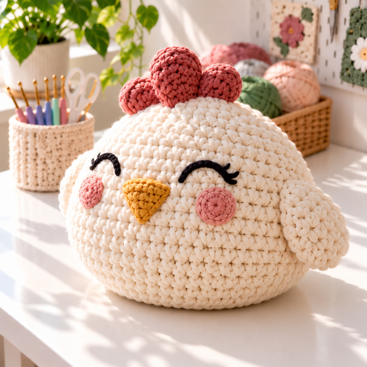 Close-up of a cream chunky crochet chicken pillow with embroidered eyes, pink cheeks, mustard beak, wing, and red comb