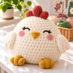 Large cream chunky crochet Chicken Squish pillow with embroidered face on a bright craft table