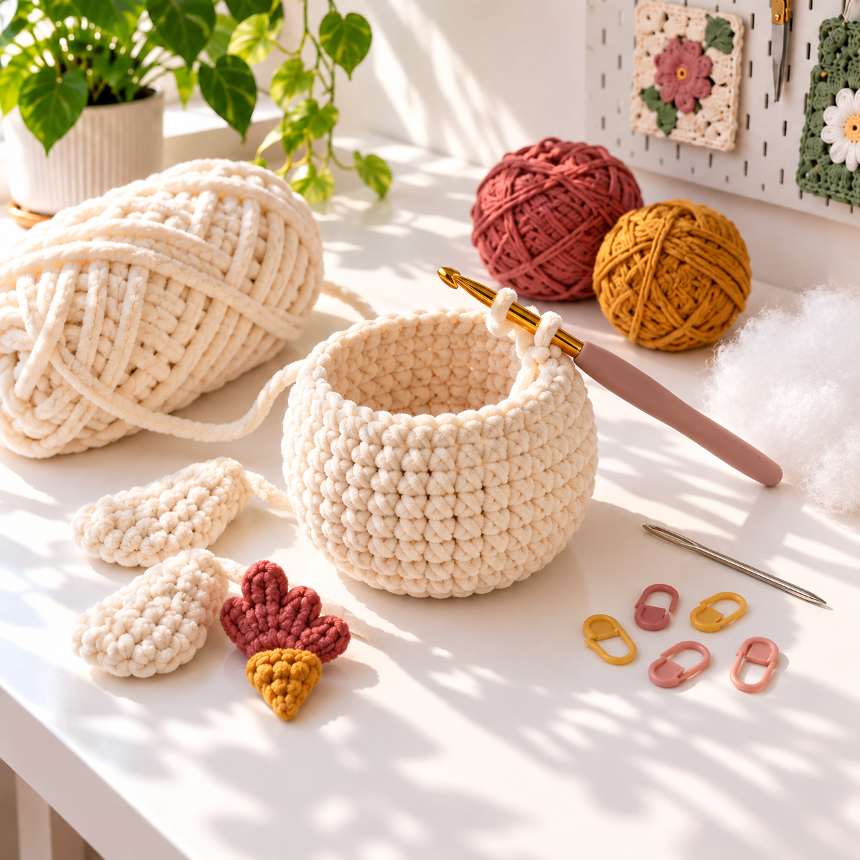 Cream chunky yarn, crochet hook, fiberfill, stitch markers, and unfinished chicken plush pieces on a bright craft table