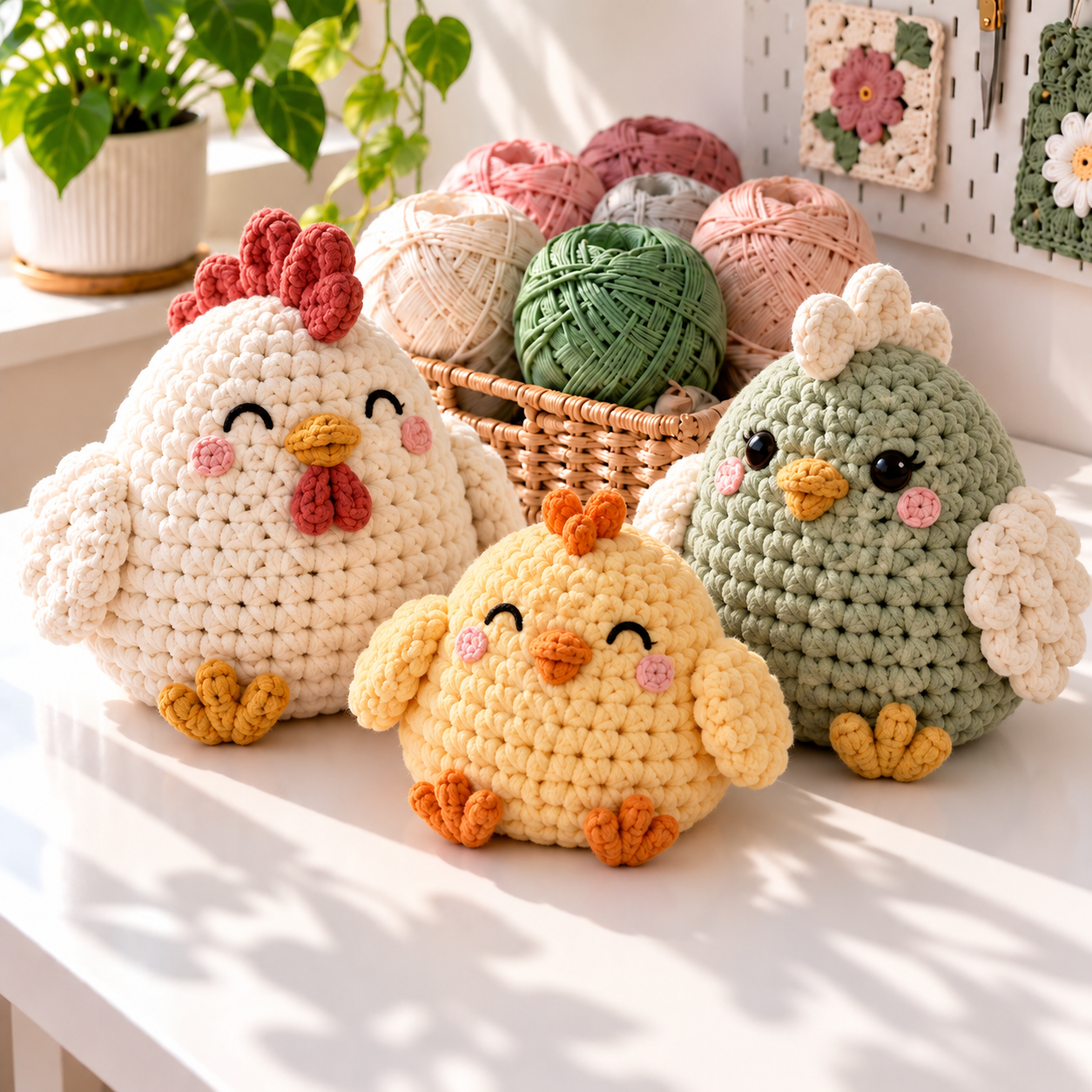 White yellow and sage chunky crochet chicken squish plushies displayed together on a bright craft table