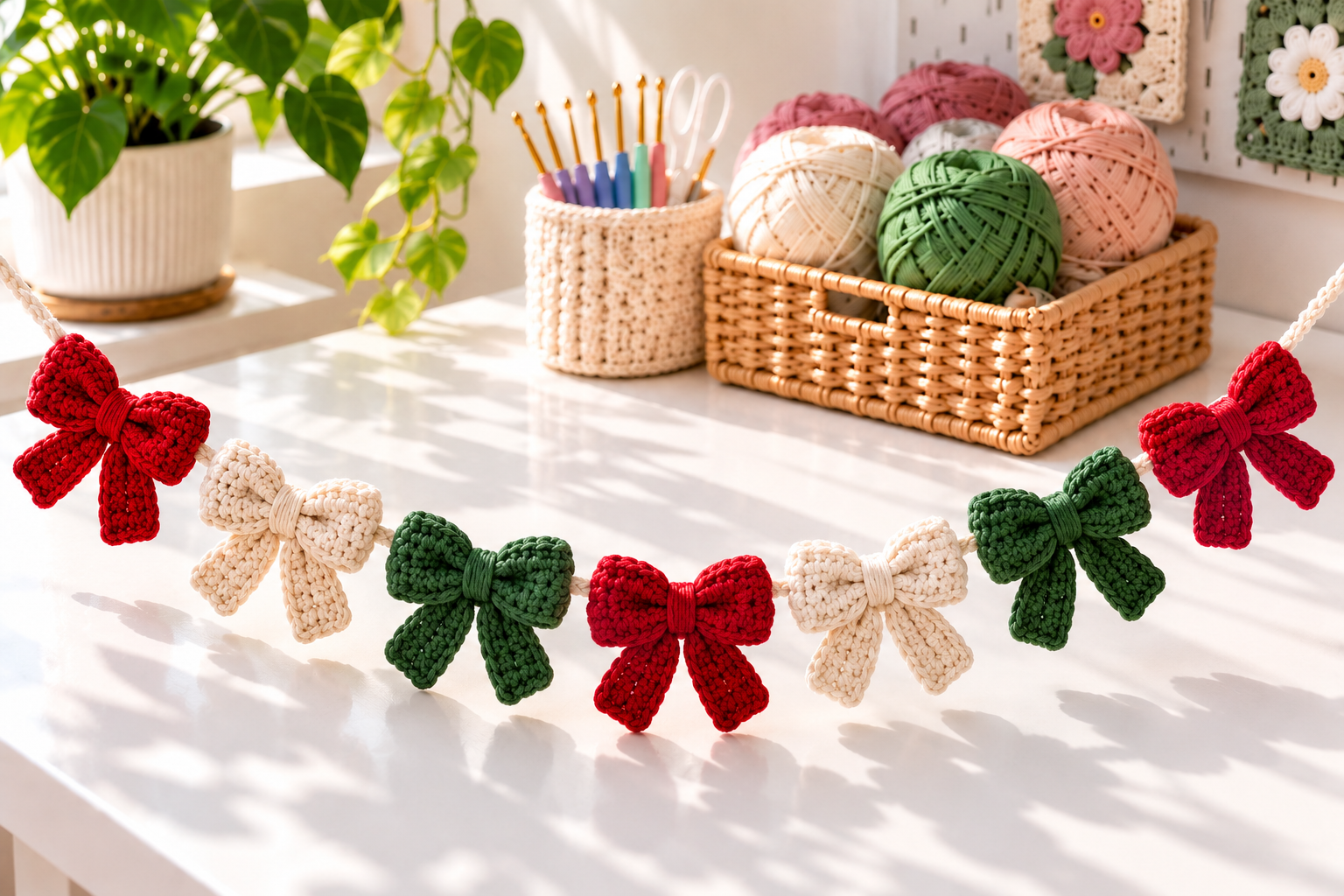 Red cream and green crochet bow garland on a bright white craft table