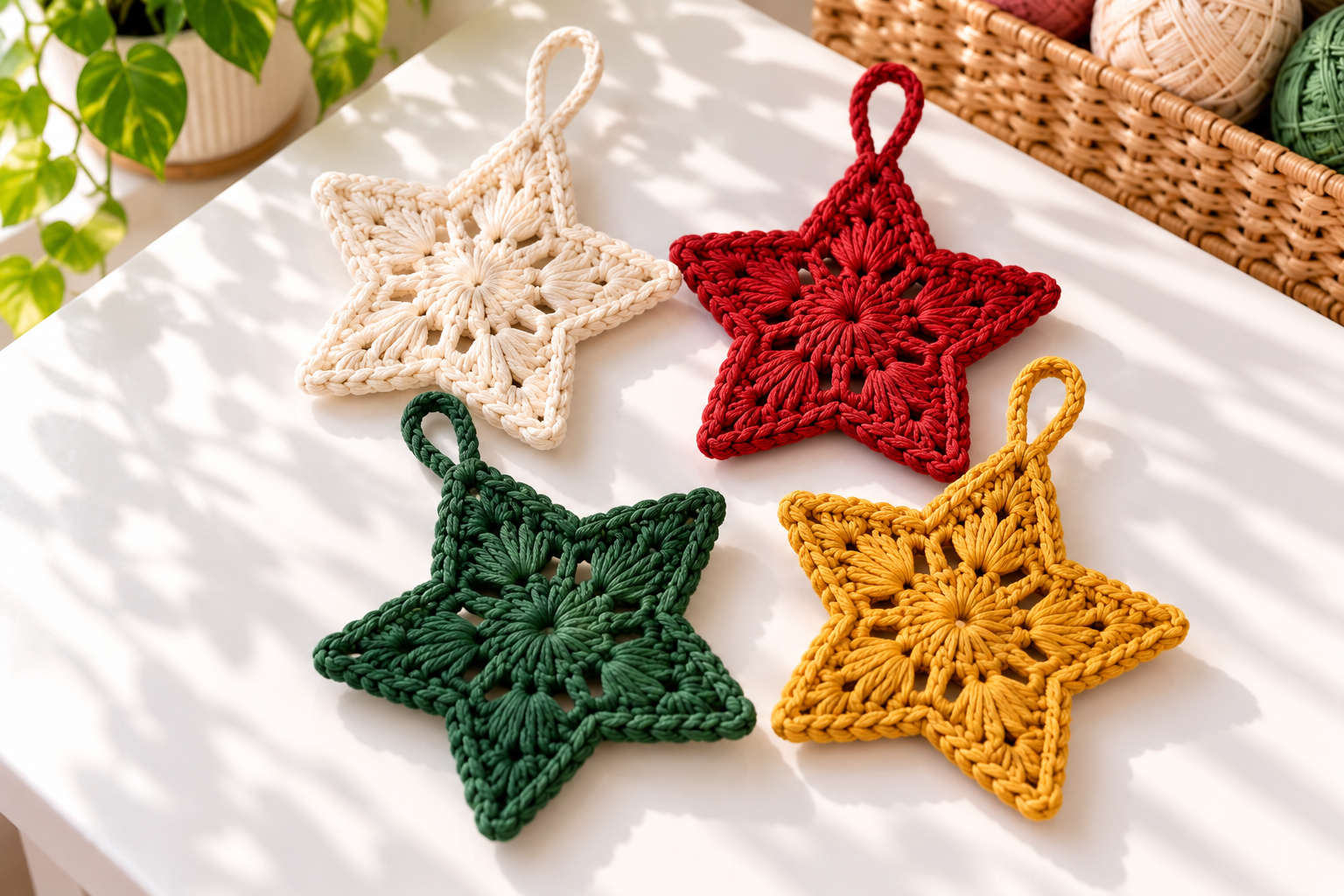 Four crochet Christmas star ornaments in cream red green and gold