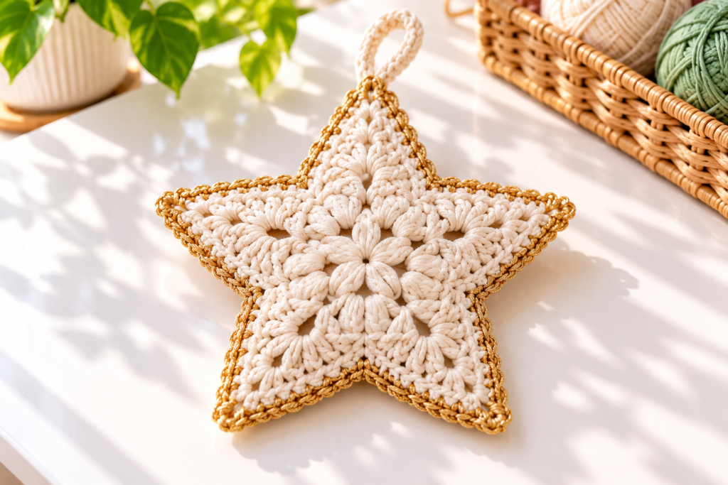 Cream and gold five-point crochet Christmas star ornament on a sunlit white craft table