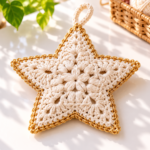 Cream and gold five-point crochet Christmas star ornament on a sunlit white craft table