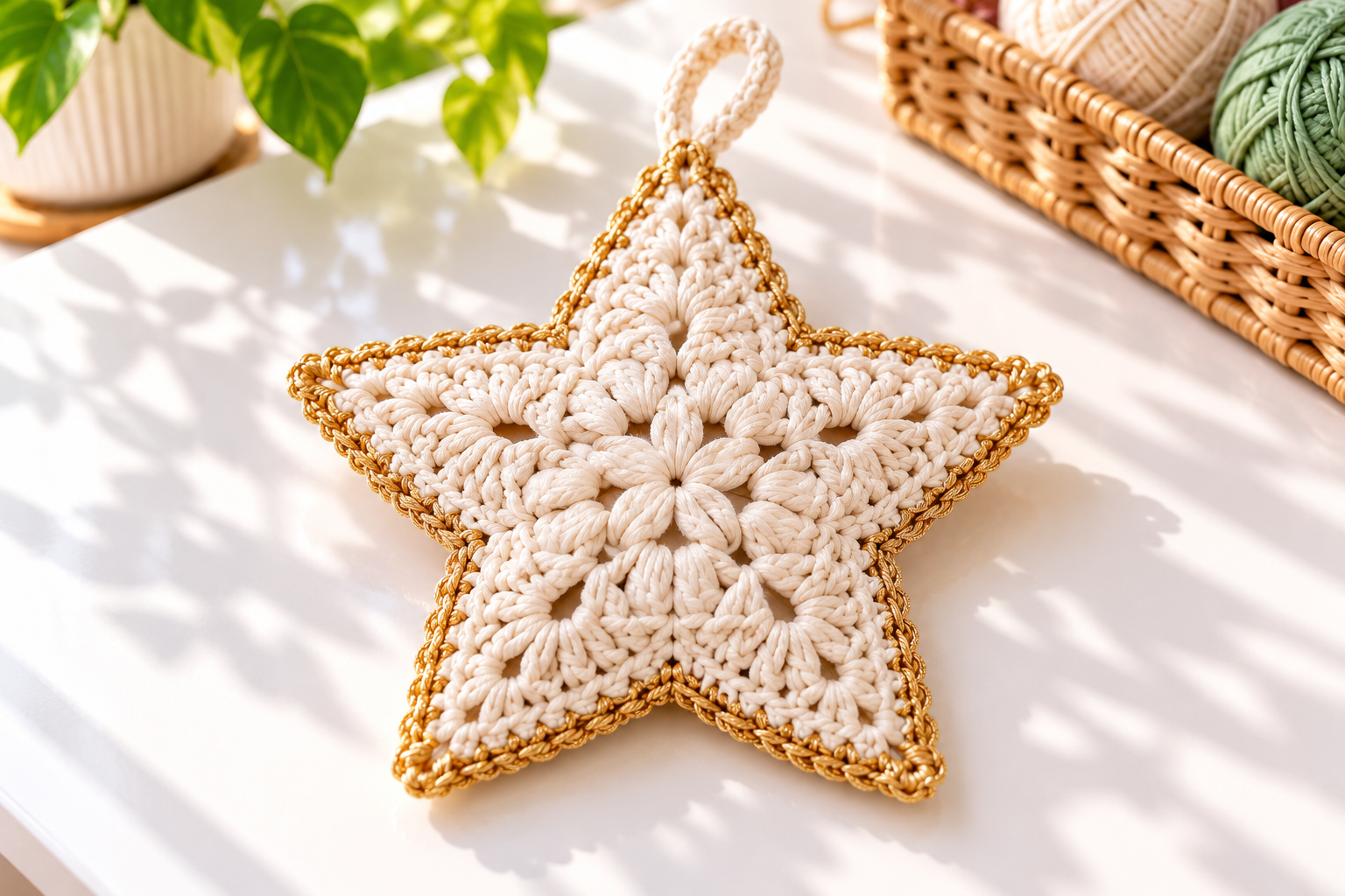 Cream and gold five-point crochet Christmas star ornament on a sunlit white craft table
