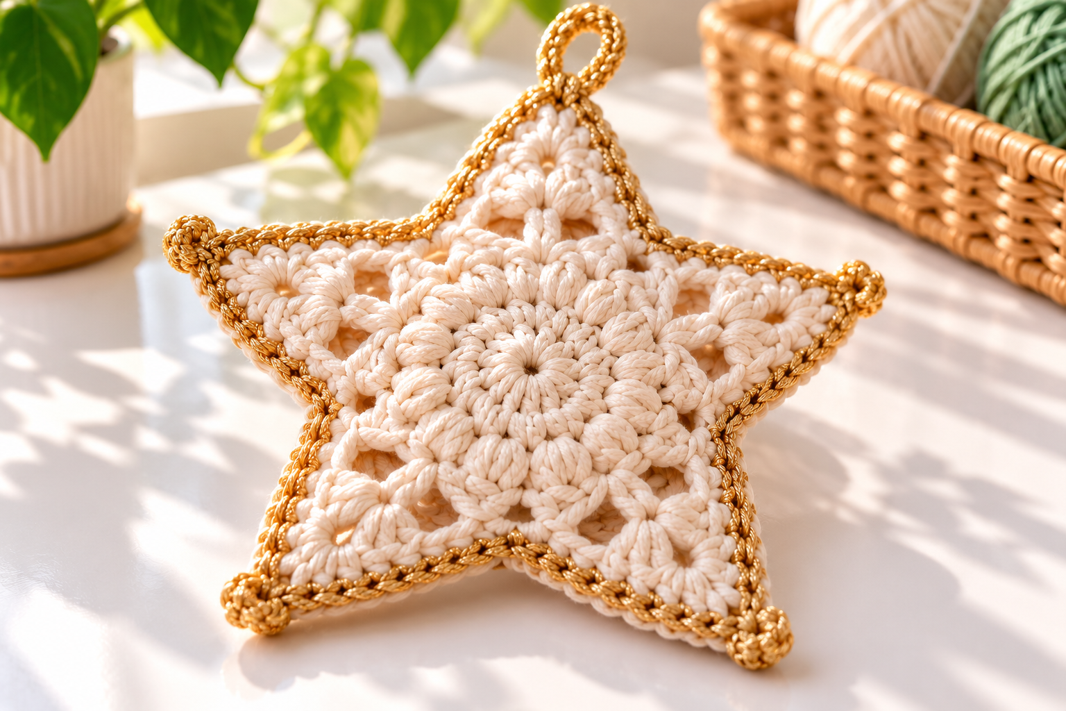 Close-up of cream and gold crochet Christmas star stitches and pointed edging