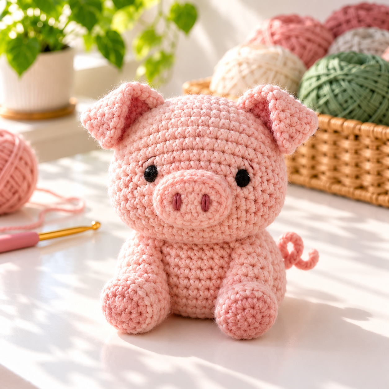 Beginner crochet little pig amigurumi on a bright white craft table