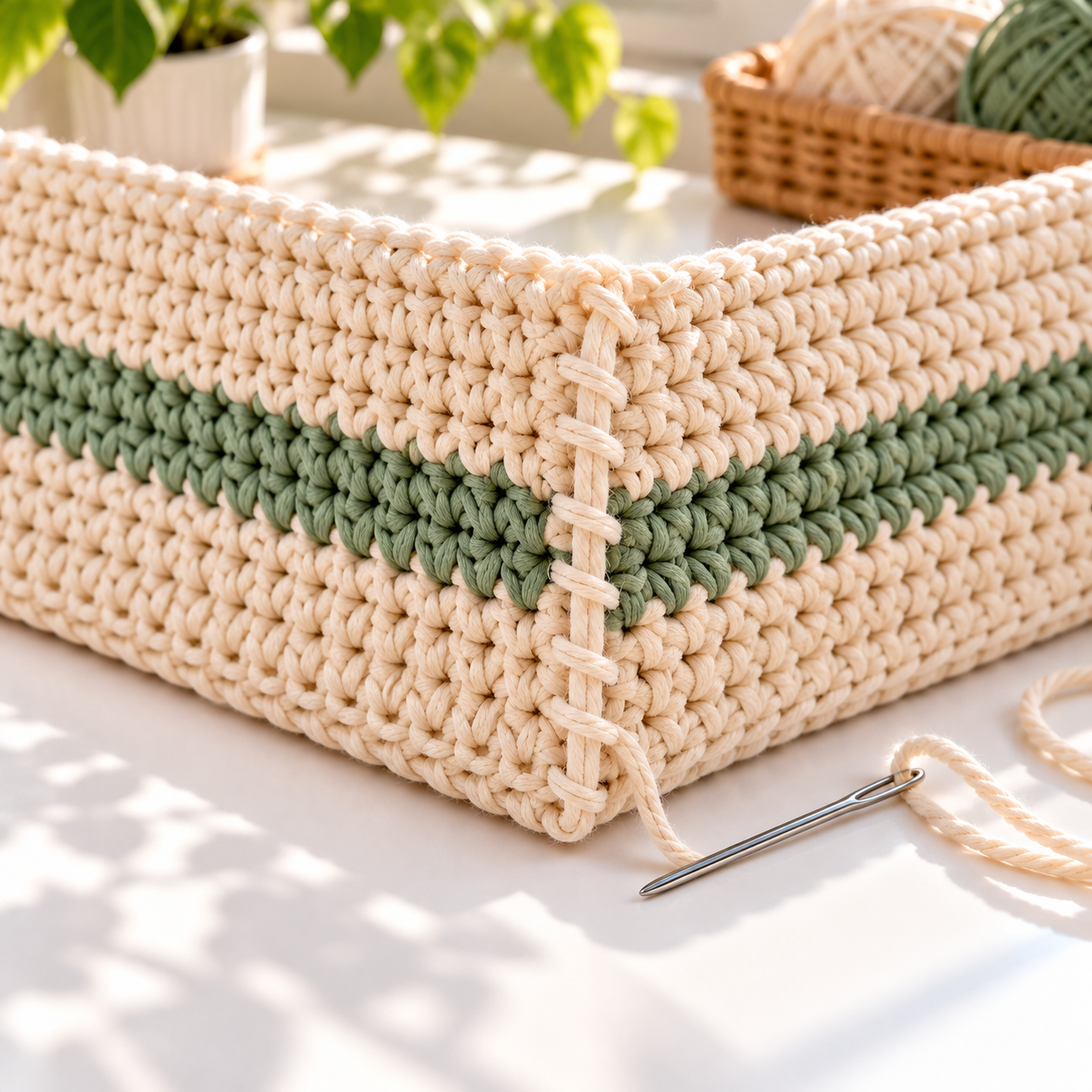 Close-up of a cream and sage crochet bag corner joined with a neat seam