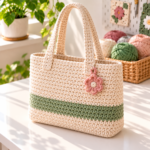 Cream and sage crochet tote bag for women with sturdy handles and flower charm