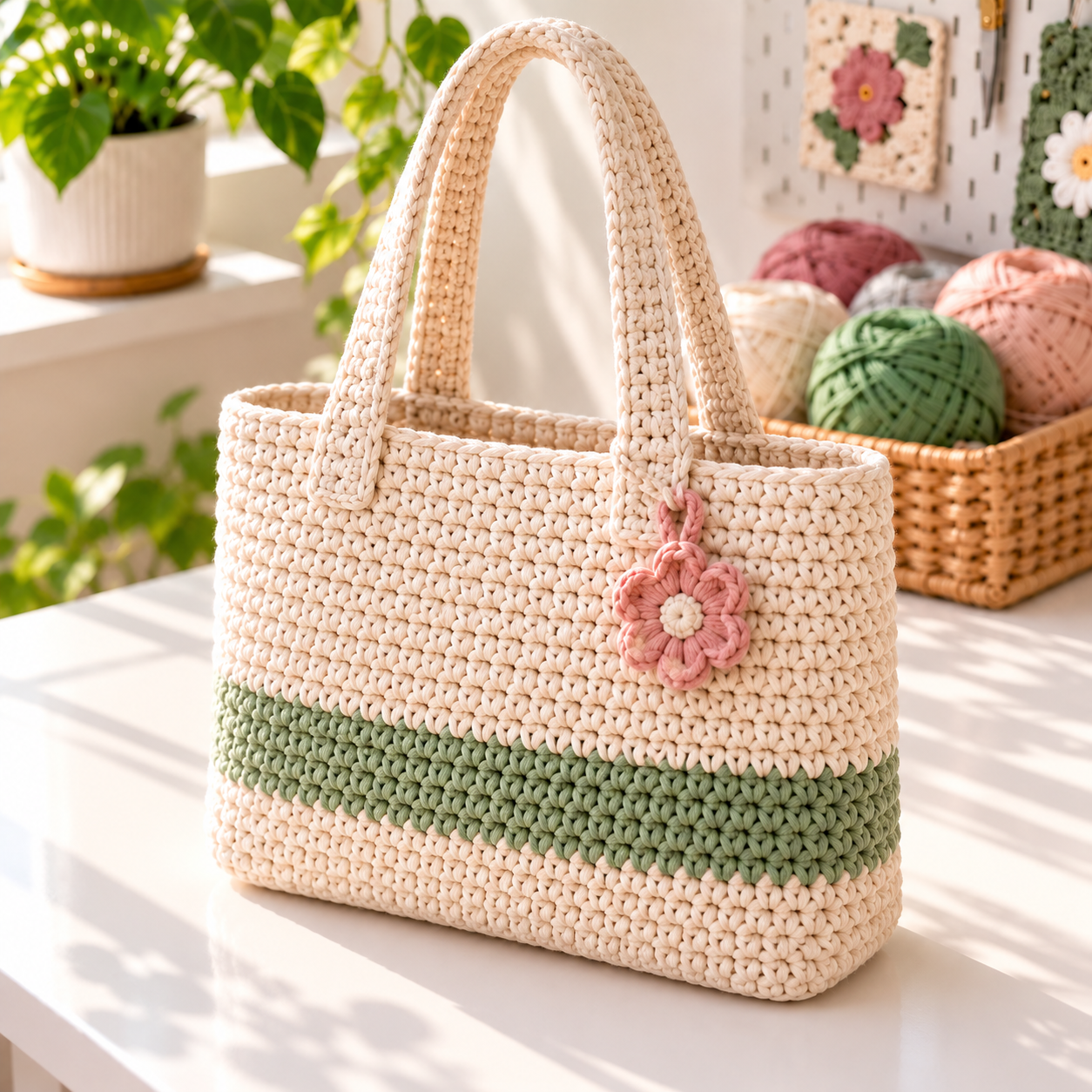 Cream and sage crochet tote bag for women with sturdy handles and flower charm