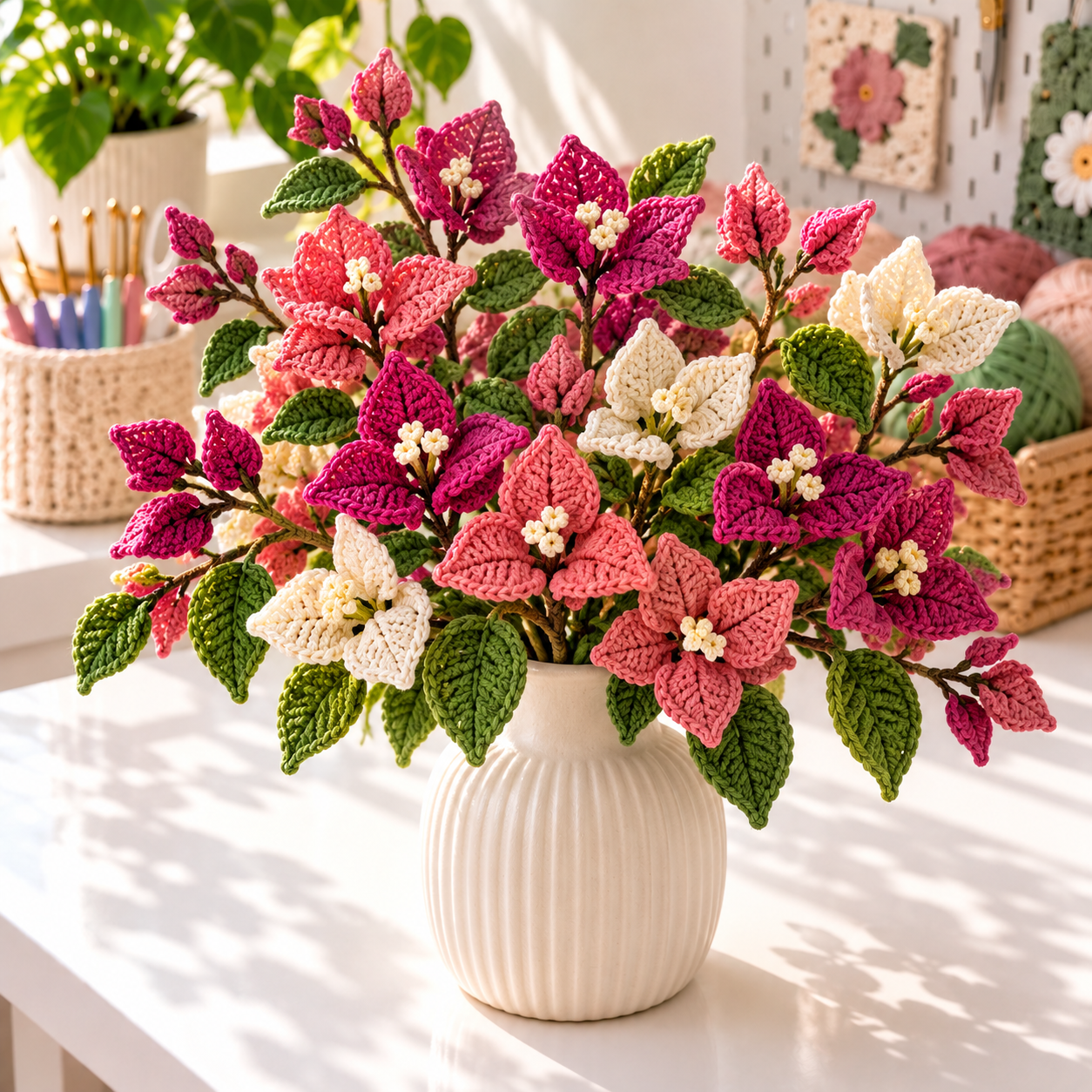 Finished crochet bougainvillea bouquet in magenta, coral, and ivory arranged in a cream vase