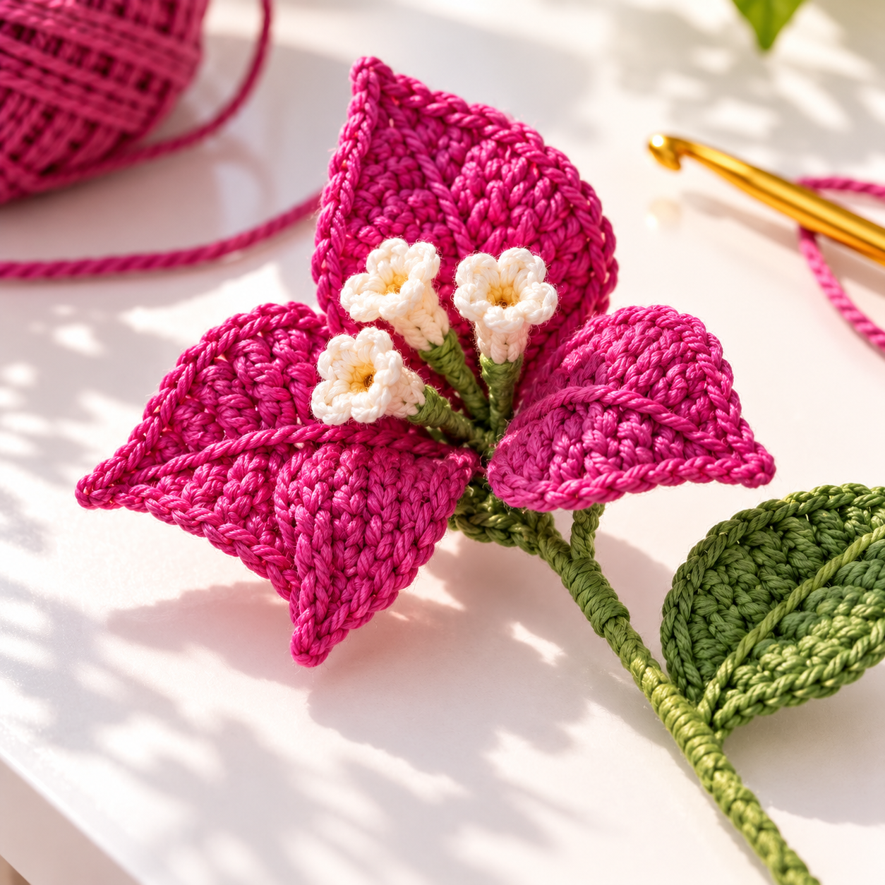 Close-up of three pointed magenta crochet bracts surrounding tiny cream bougainvillea flower centers