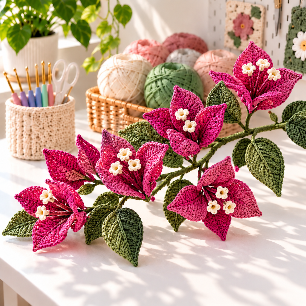 Magenta crochet bougainvillea branches with cream flower centers and green leaves on a bright craft table