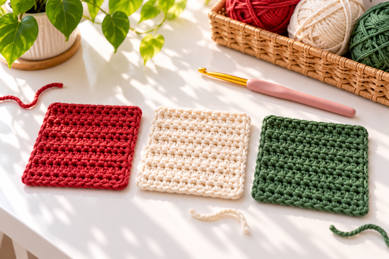 Red cream and green crochet rectangles for making Christmas bows