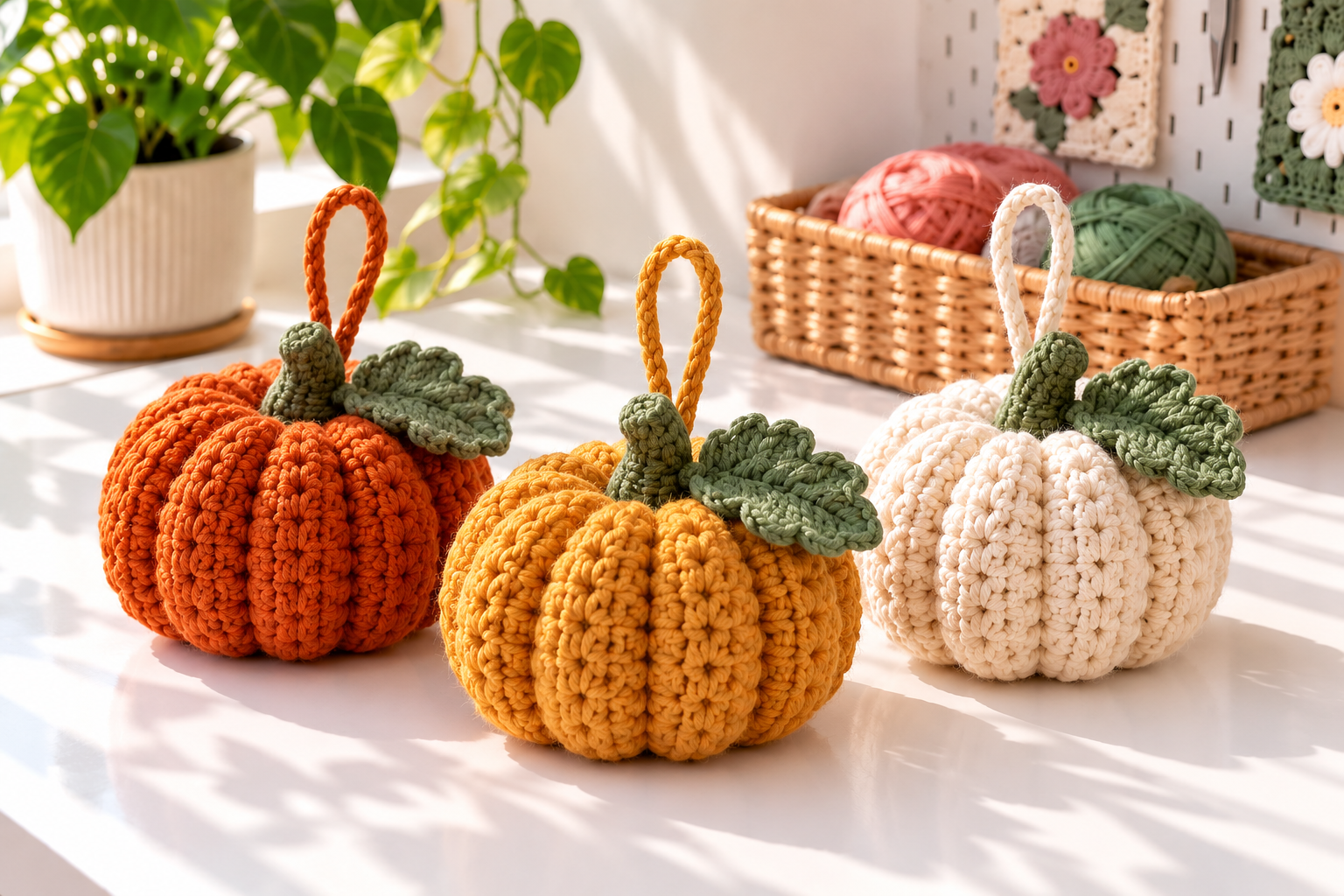 Three crochet pumpkin Halloween decorations in orange, mustard, and cream