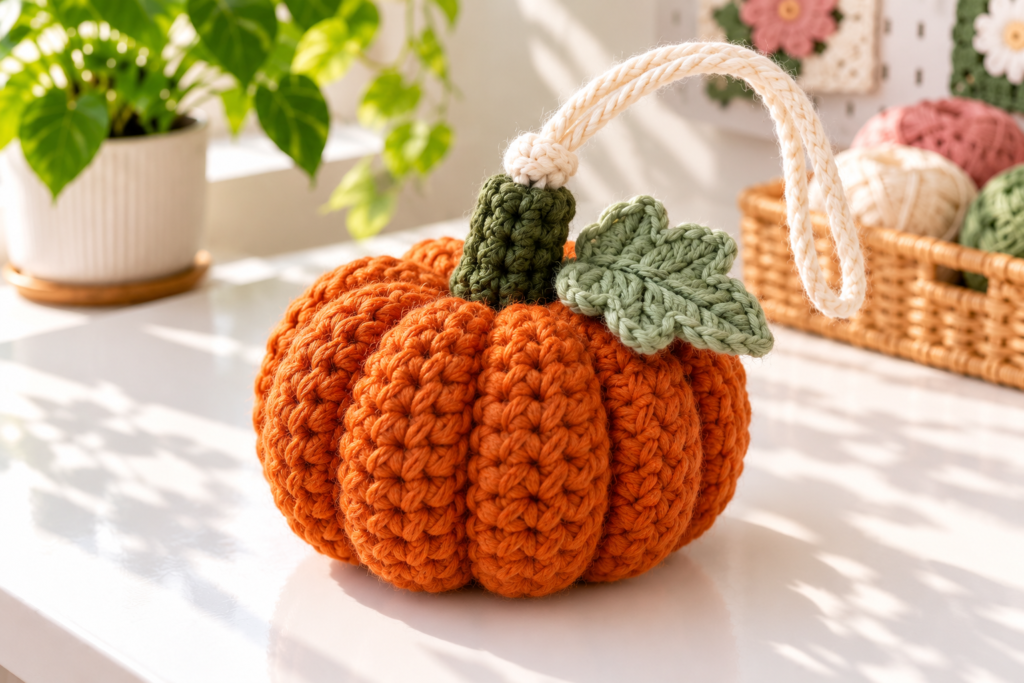 Crochet pumpkin Halloween decoration with green leaf and hanging loop