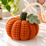 Crochet pumpkin Halloween decoration with green leaf and hanging loop