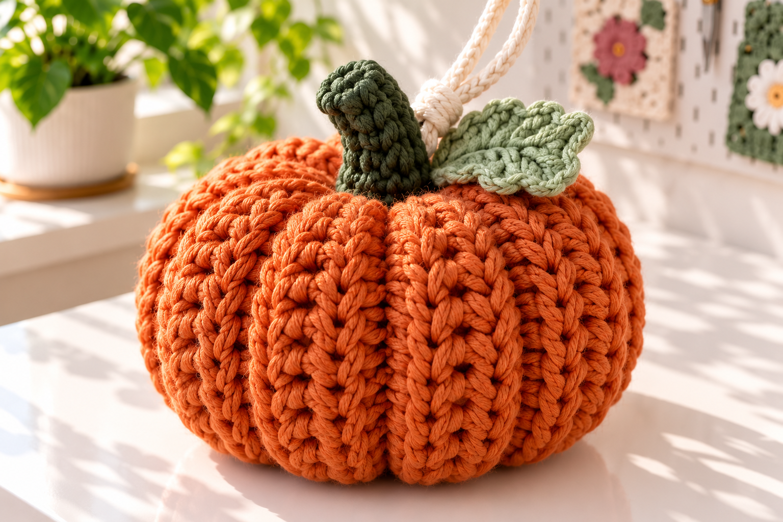 Close-up of ribbed crochet pumpkin stitches, green leaf, and brown stem
