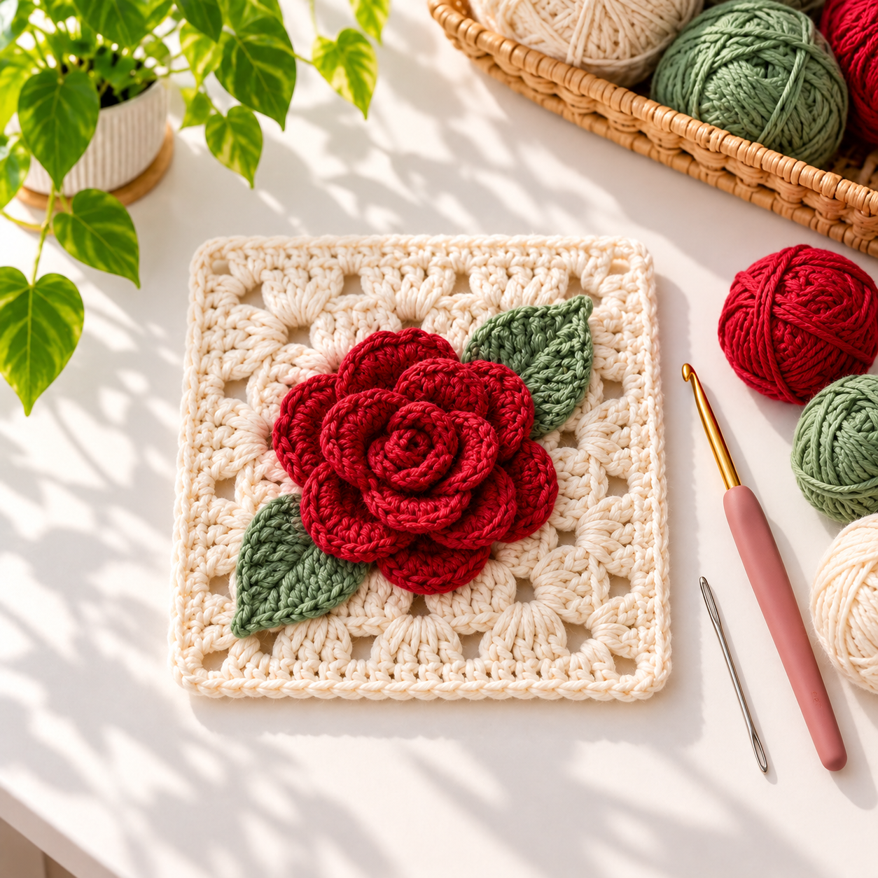Cream crochet square with a raised red rose and two sage crochet leaves