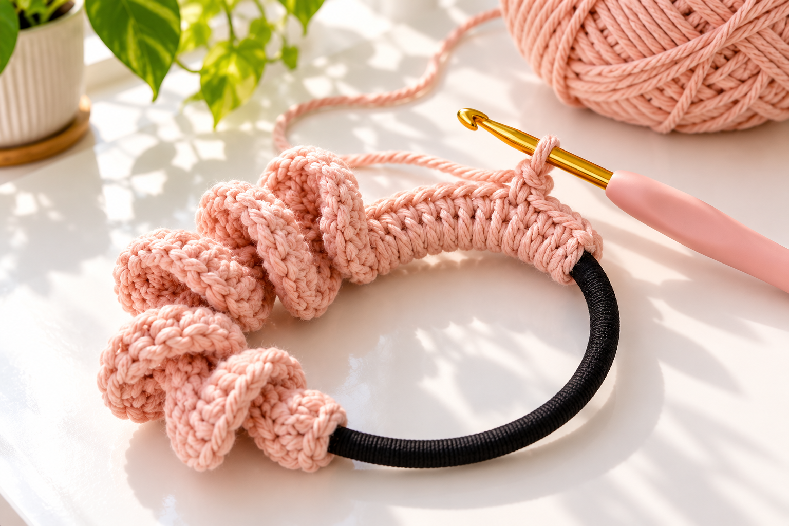 Blush crochet scrunchie in progress around a black hair elastic with a long spiral