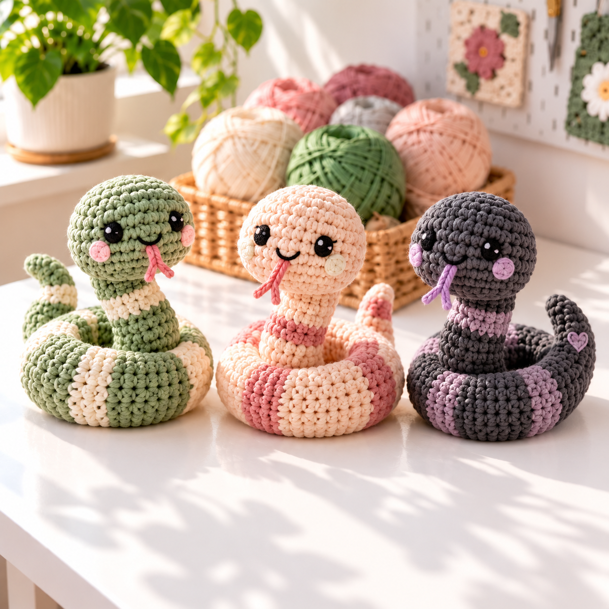 Three cute crochet snake amigurumi toys in green, peach, and charcoal colors