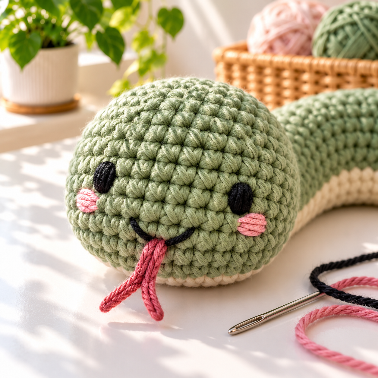 Close-up of an embroidered crochet snake face and forked yarn tongue