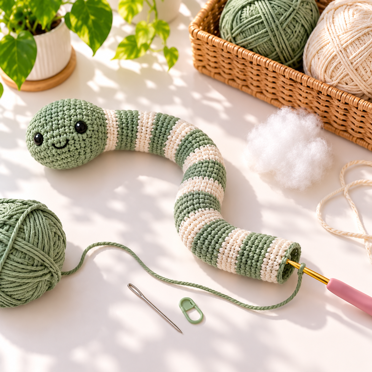 One-piece crochet snake amigurumi in progress with yarn, hook, and stuffing