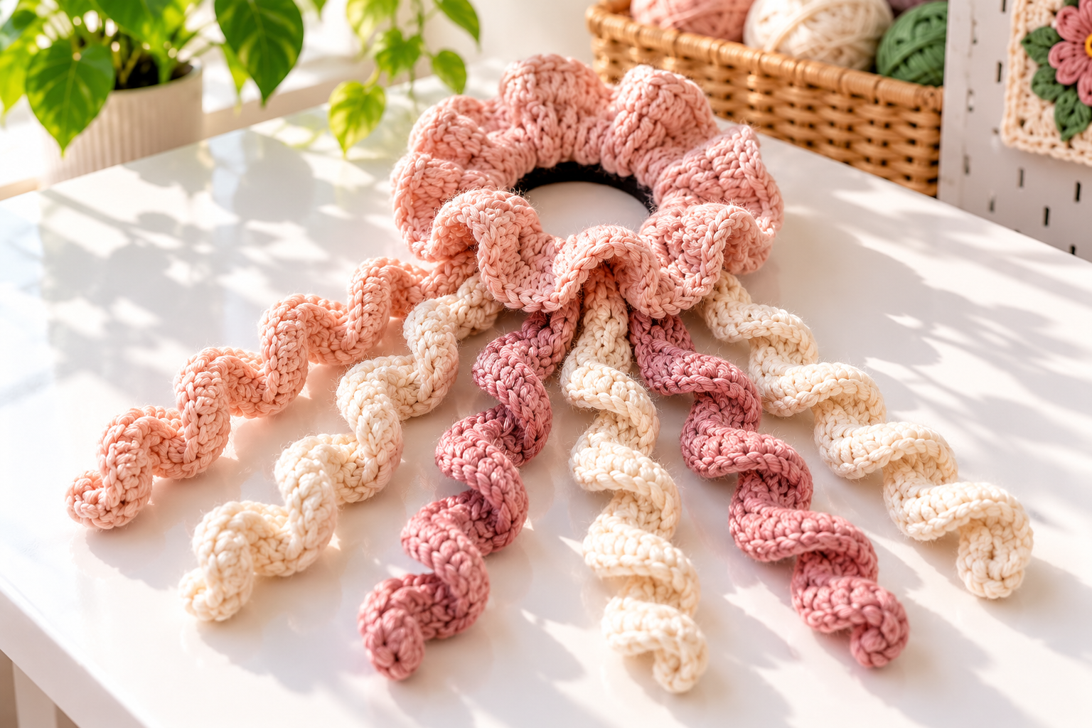 Blush crochet scrunchie with long cream and rose spiral curls on a sunlit white craft table