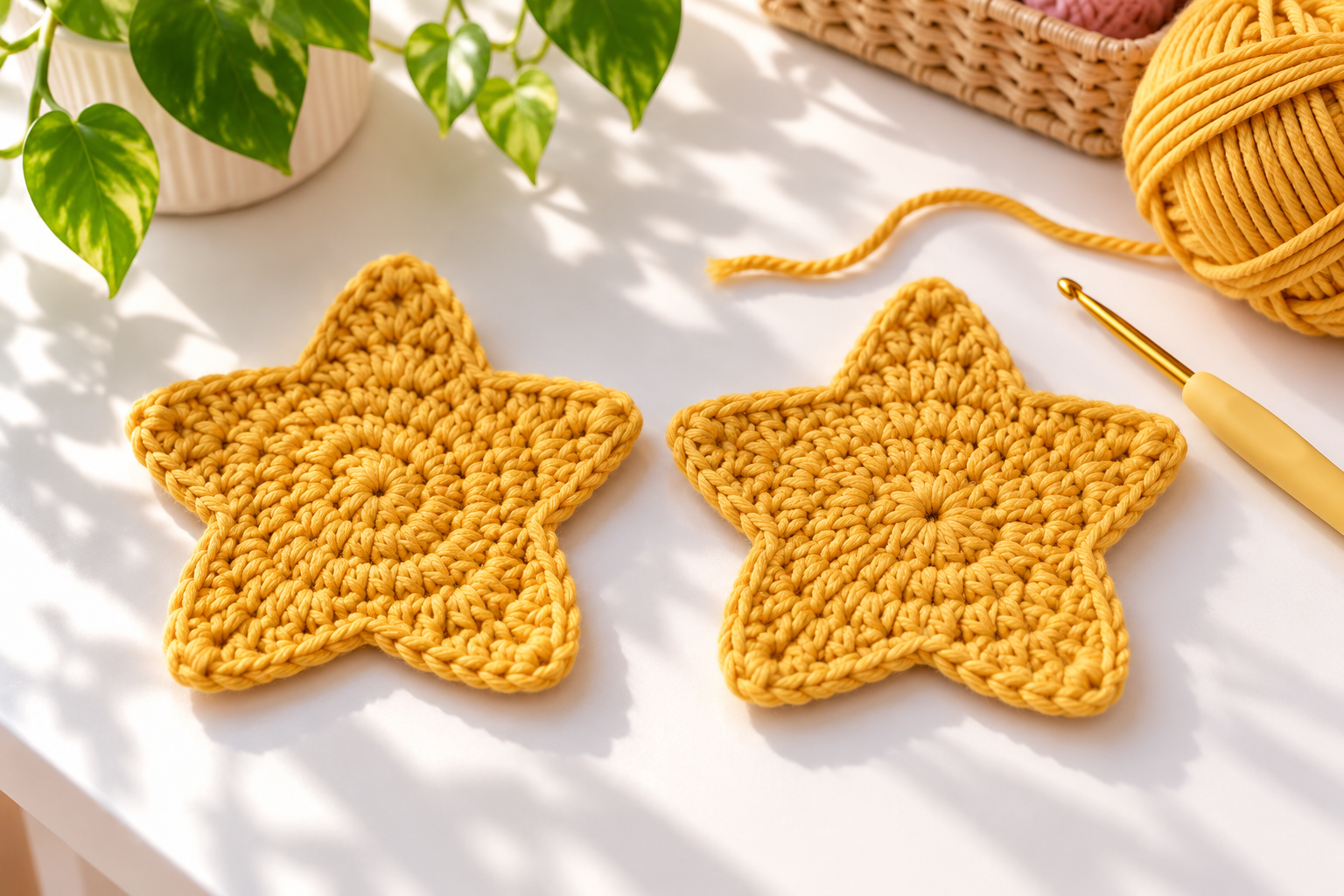 Two golden crochet star panels on a sunlit white craft table