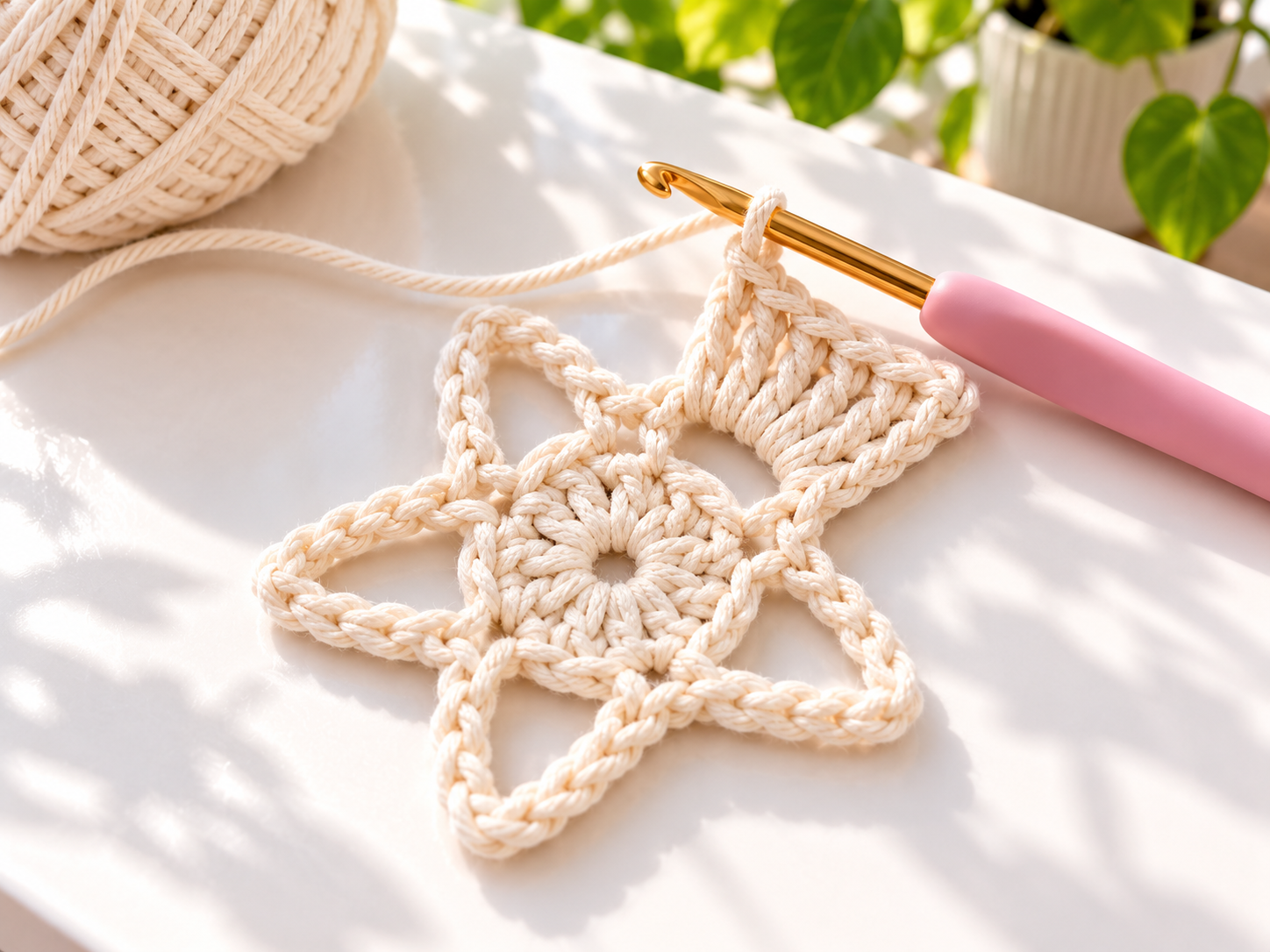 Cream five-point Christmas crochet star in progress with a crochet hook