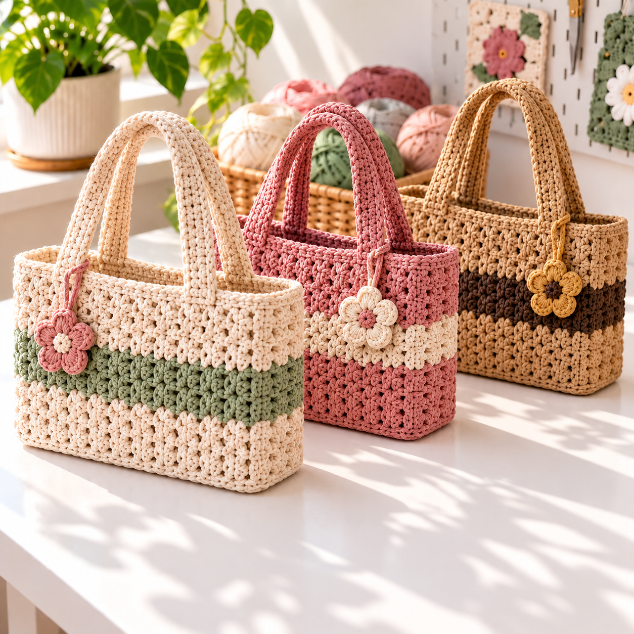 Three rectangular crochet handbags in cream, rose, and tan color combinations