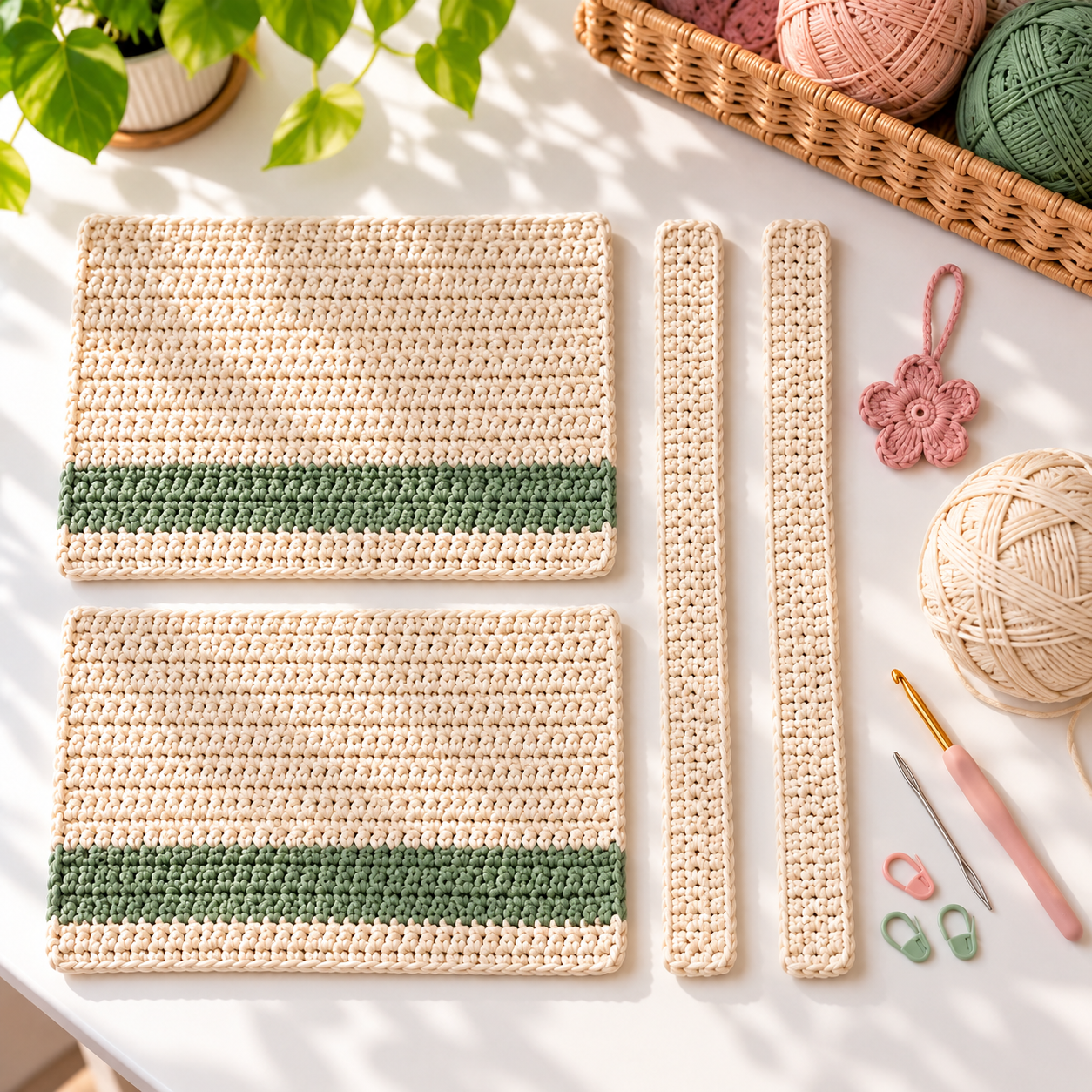 Two crochet tote panels, two handles, and a flower charm arranged on a white table