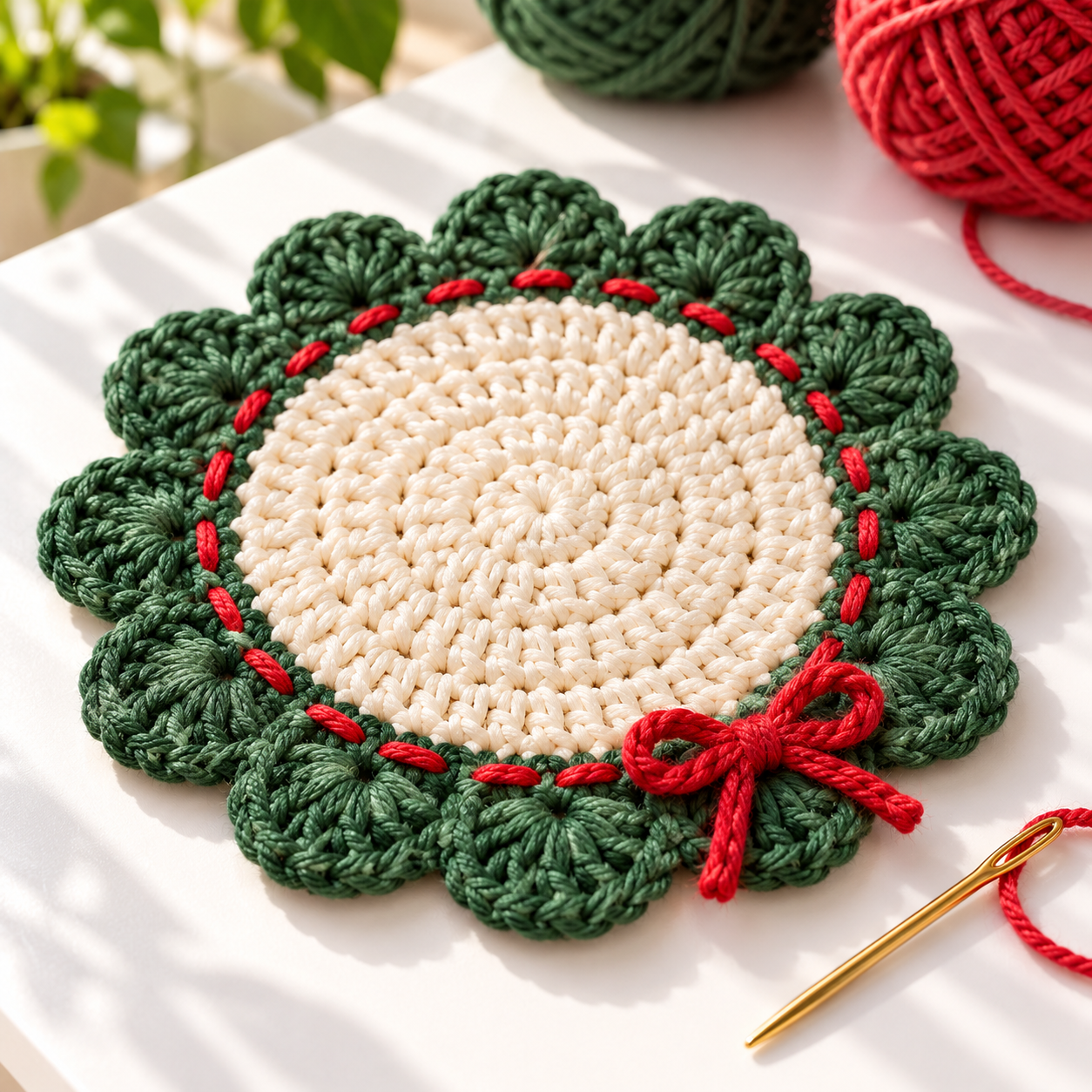 Close-up of green scallops red running stitches and a red bow on a crochet wreath coaster