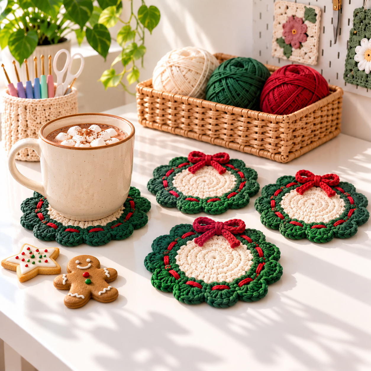 Christmas table set with four crochet wreath coasters red bows and a cocoa mug