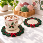 Cream and green Crochet Wreath Coasters with red bows and a Christmas cocoa mug