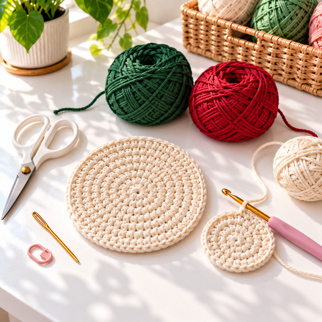Cream crochet coaster disks with green and red cotton yarn and crochet tools