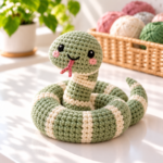 Cute green and cream crochet snake amigurumi coiled on a bright craft table